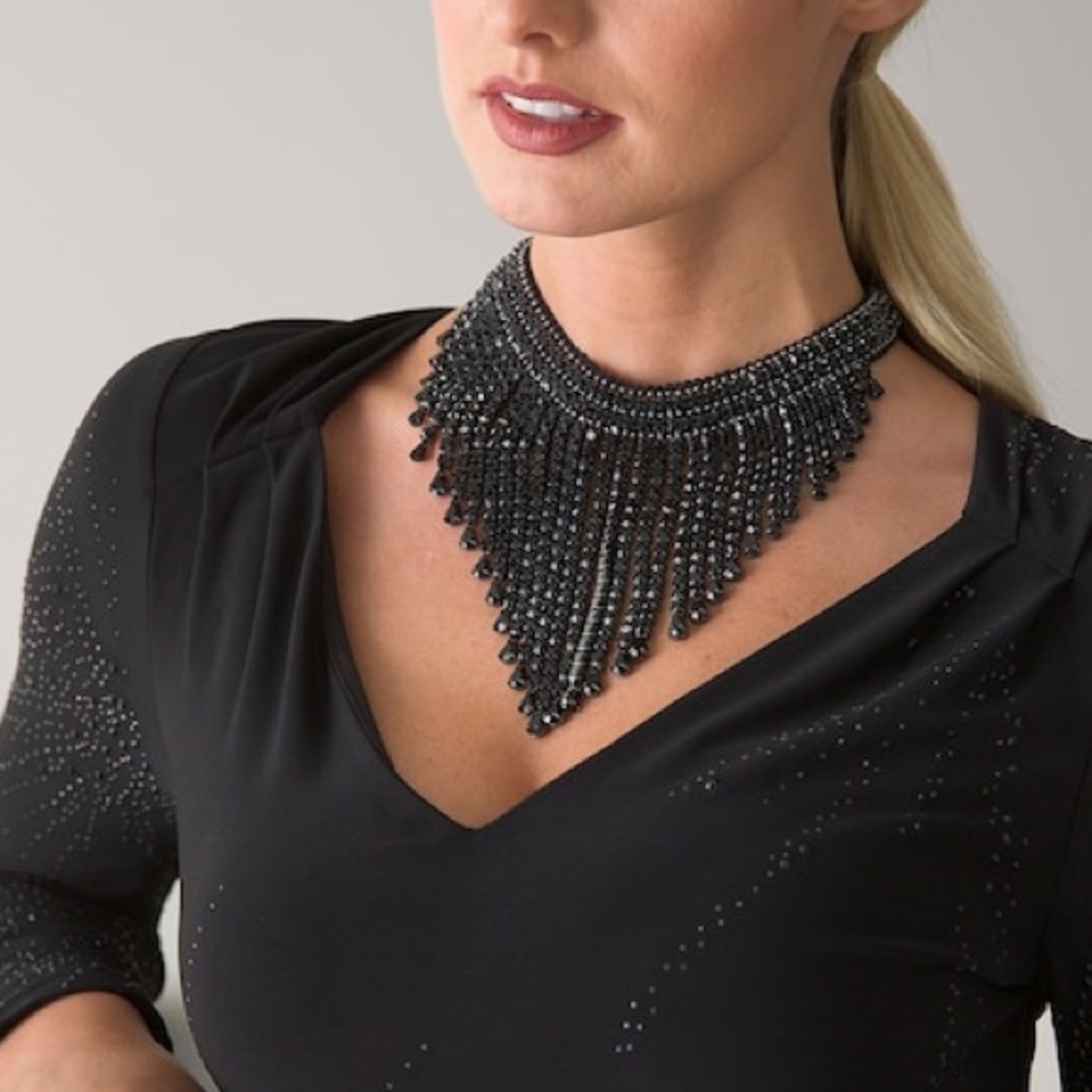 WHBM BLACK CRYSTAL WATERFALL STATEMENT NECKLACE